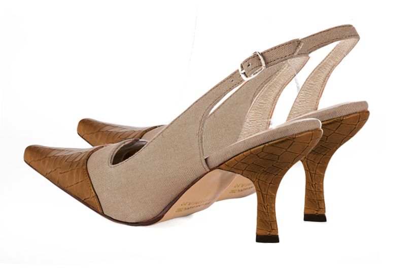 Caramel brown and tan beige women's slingback shoes. Pointed toe. High spool heels. Rear view - Florence KOOIJMAN